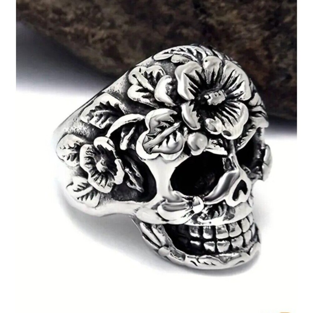 Day of The Dead Silver Skull Carved Flowers Ring Size 8